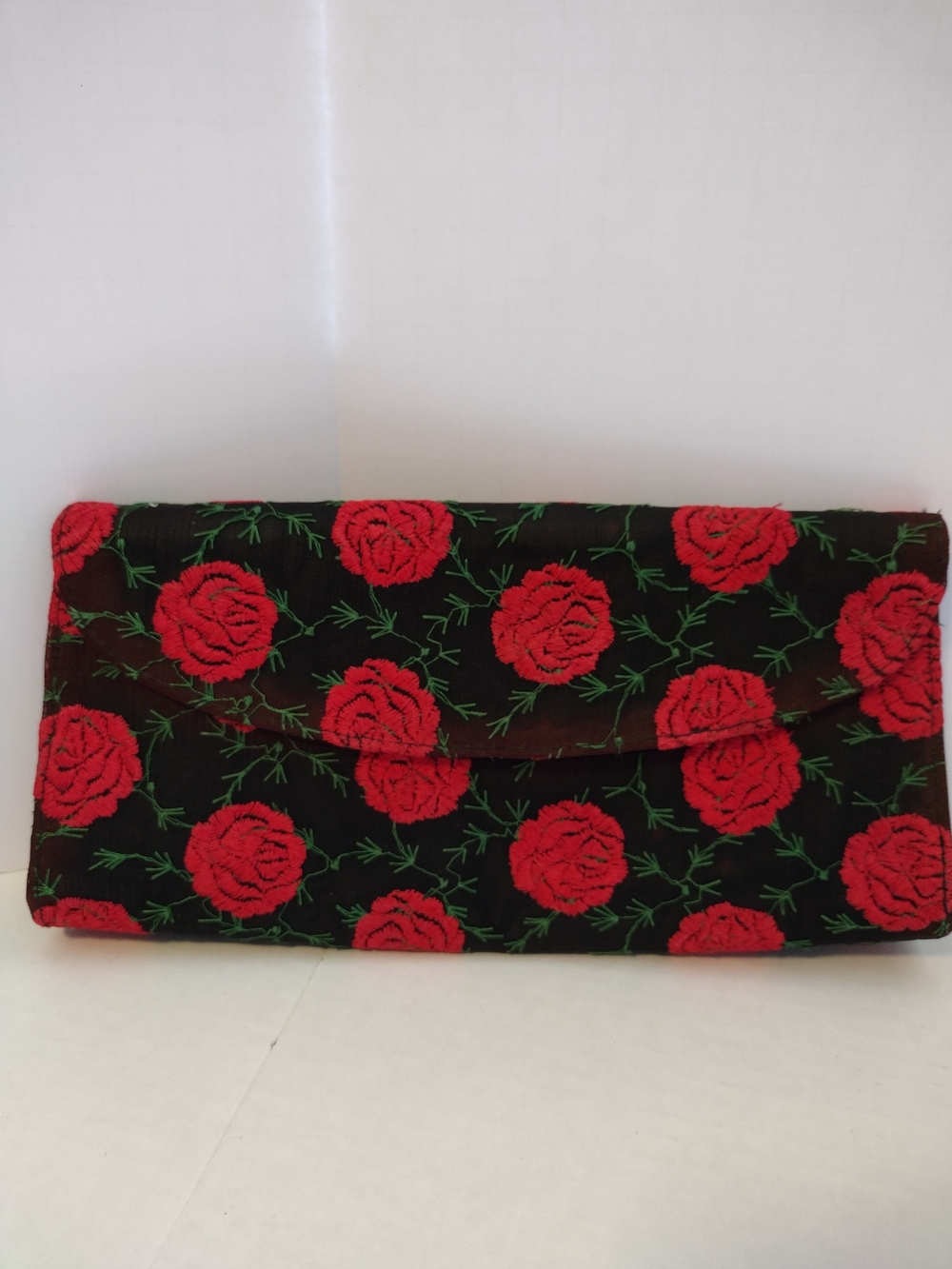 1960's Vintage Embroidered Red Rose Black Clutch Bag
